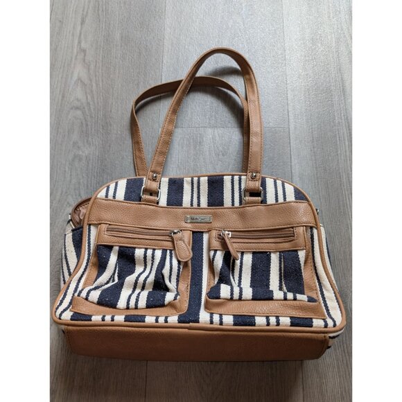 MultiSac Womens Stripe Tote Handbag Brown & Black Faux Leather & Canvas - Picture 3 of 10